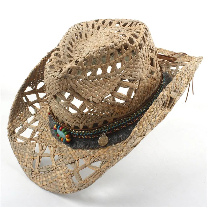 100% Natural Straw Cowboy Hat Women Men Handmade Weave Cowboy Hats