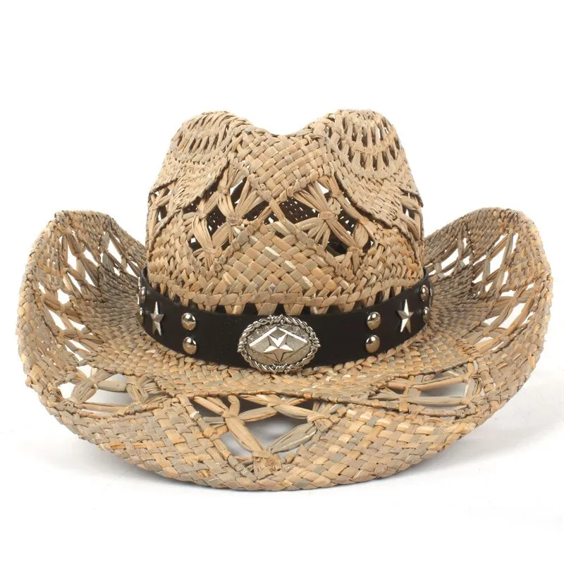 100% Natural Straw Cowboy Hat Women Men Handmade Weave Cowboy Hats