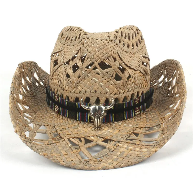 100% Natural Straw Cowboy Hat Women Men Handmade Weave Cowboy Hats