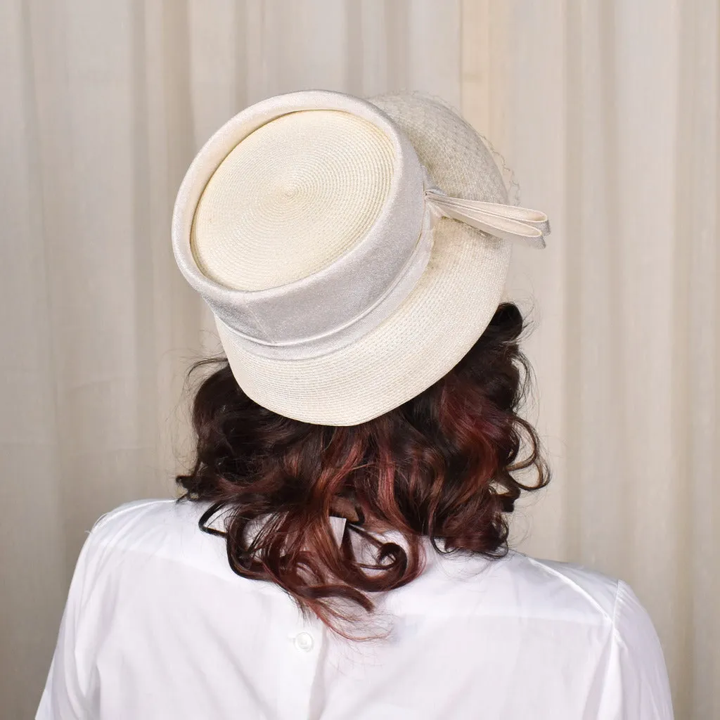 1950s Cream Straw Hat w Netting