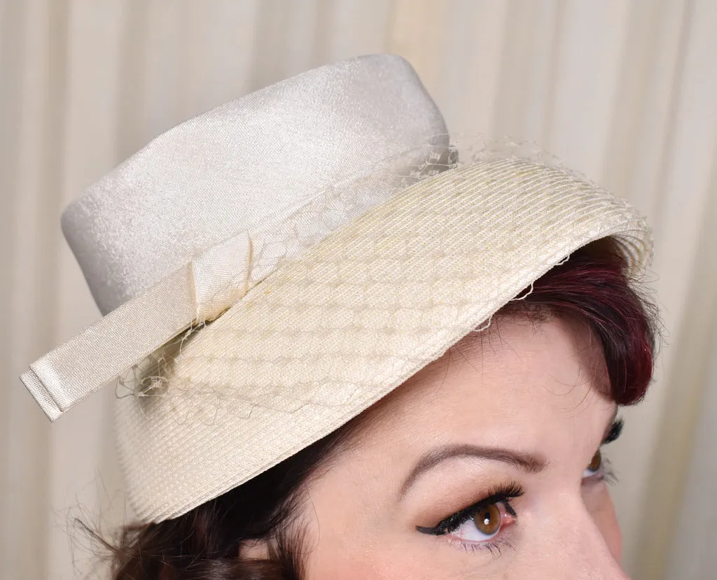 1950s Cream Straw Hat w Netting