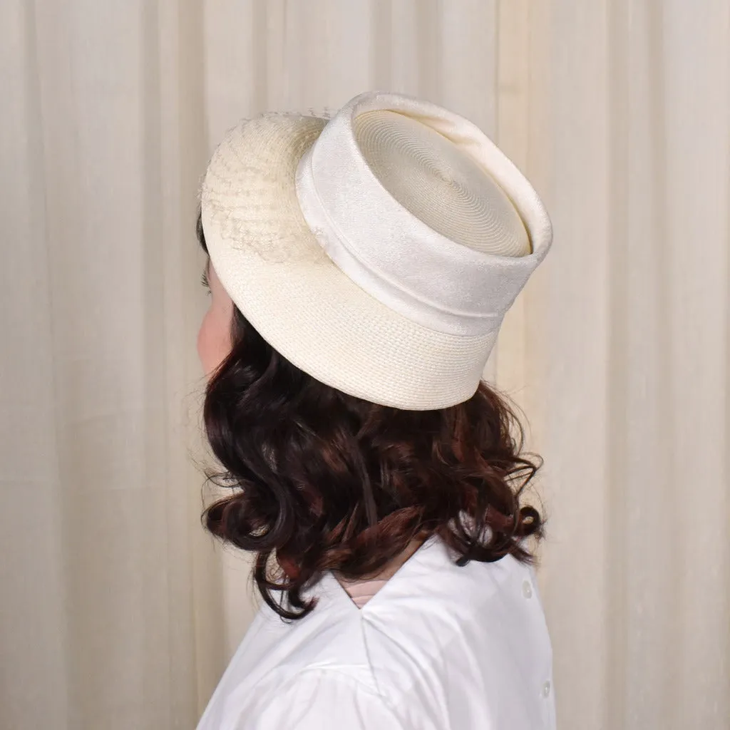 1950s Cream Straw Hat w Netting