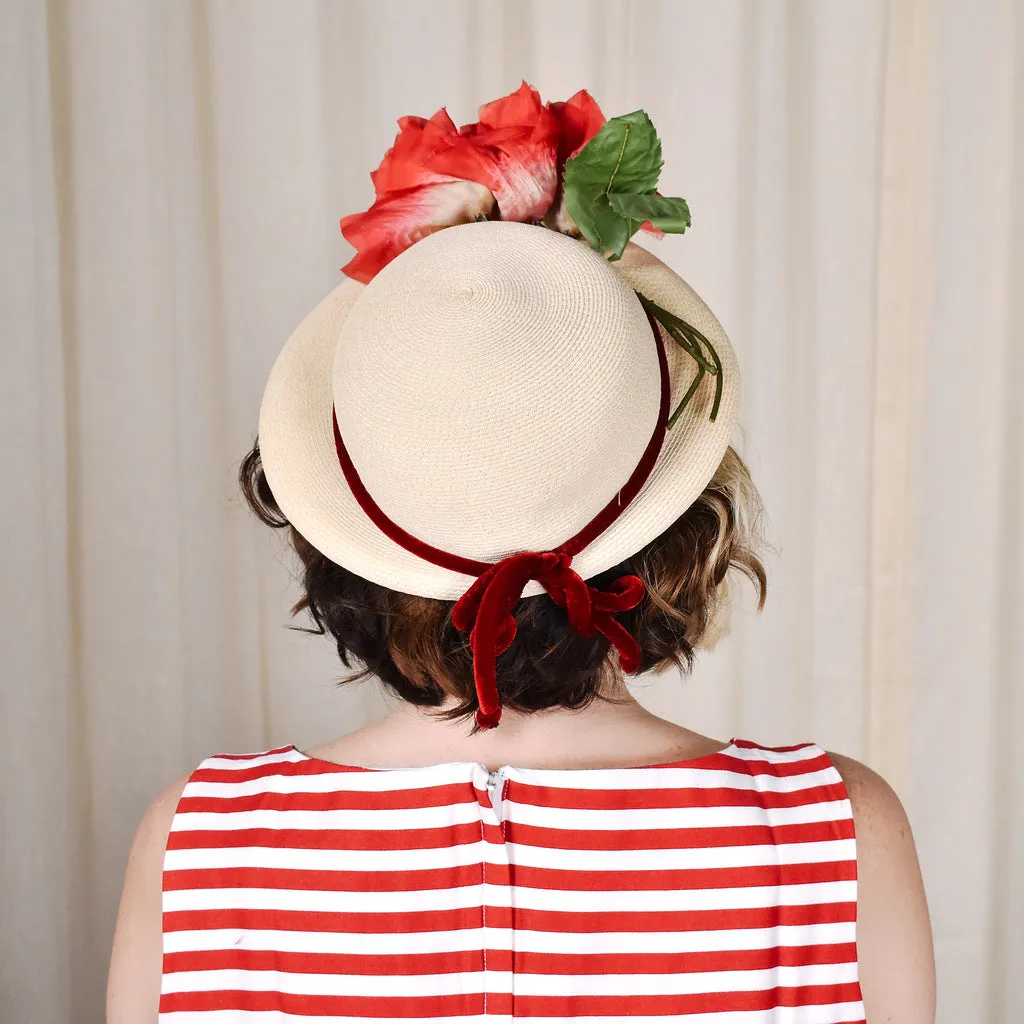 1950s Red Floral Vintage Straw Hat