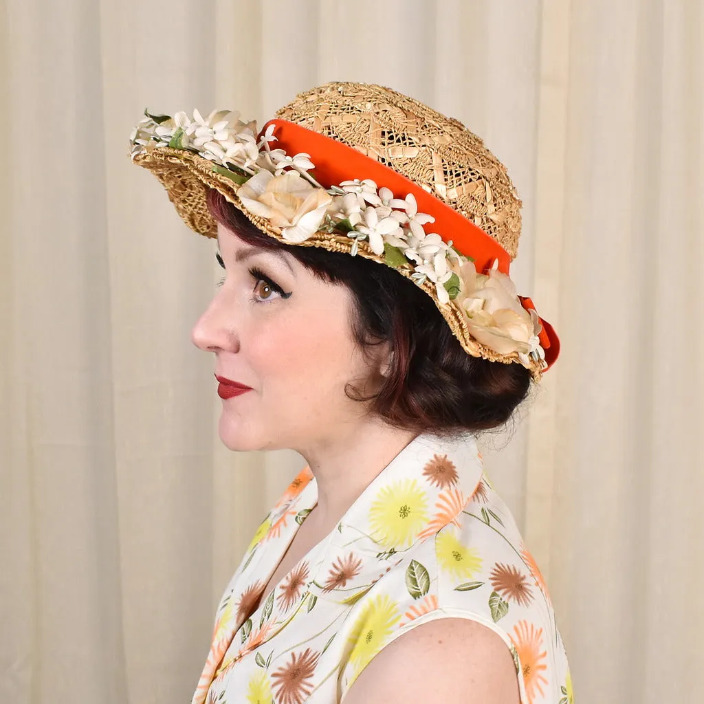 1950s Straw & Floral Brim Hat