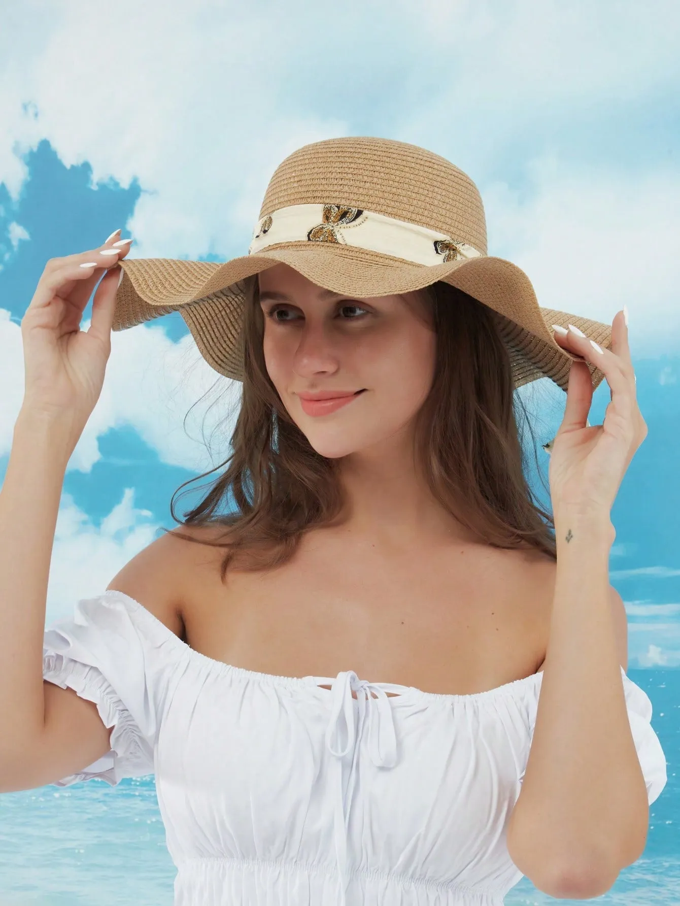 1pc Women Bow Decor Boho Straw Hat For Beach