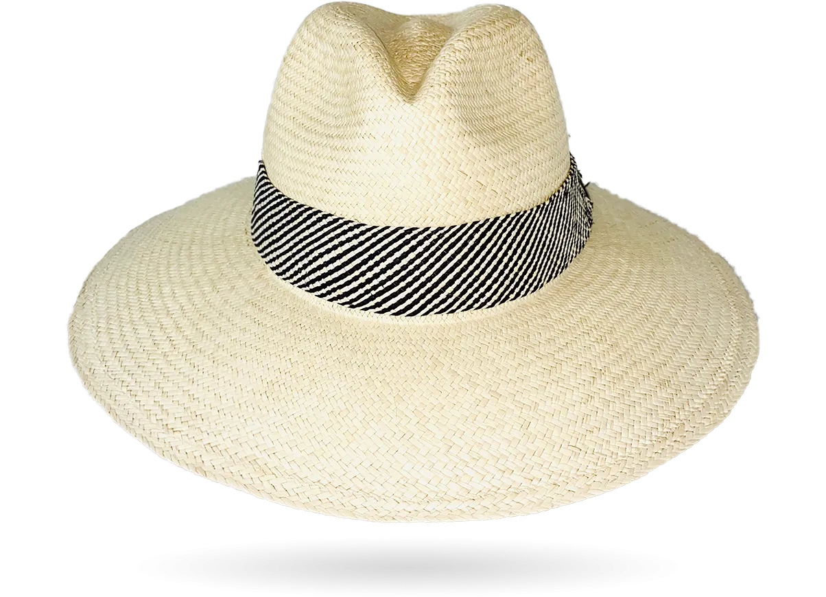 FINE 'URBAN' NATURAL PANAMA HAT DOWN WIDER BRIM (9CM) WITH HANDWOVEN FRINGED STRAW BAND