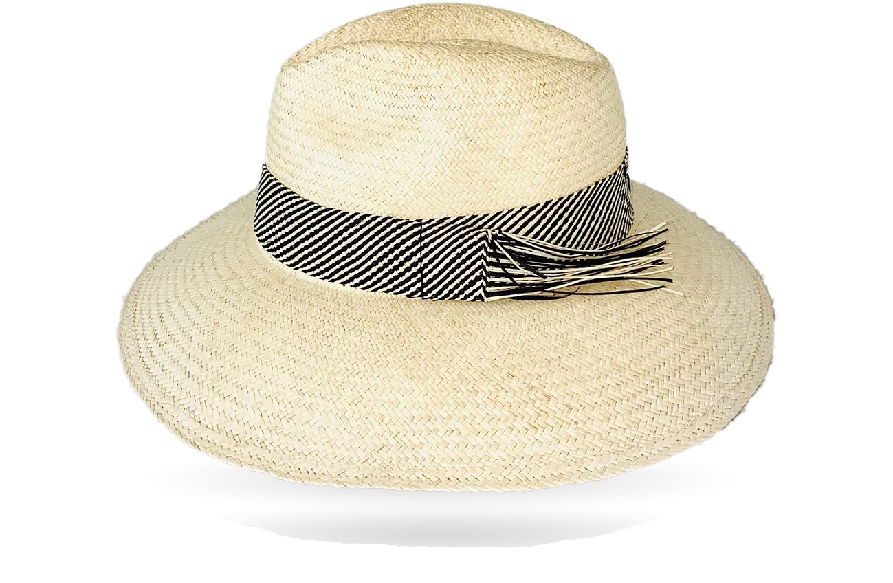 FINE 'URBAN' NATURAL PANAMA HAT DOWN WIDER BRIM (9CM) WITH HANDWOVEN FRINGED STRAW BAND