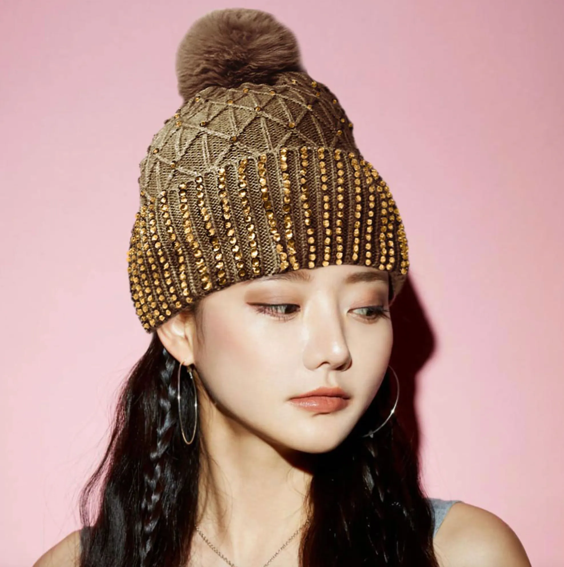 Fleece Lining Rhinestone Embellished Pom Pom Beanie Hat (4 colors)