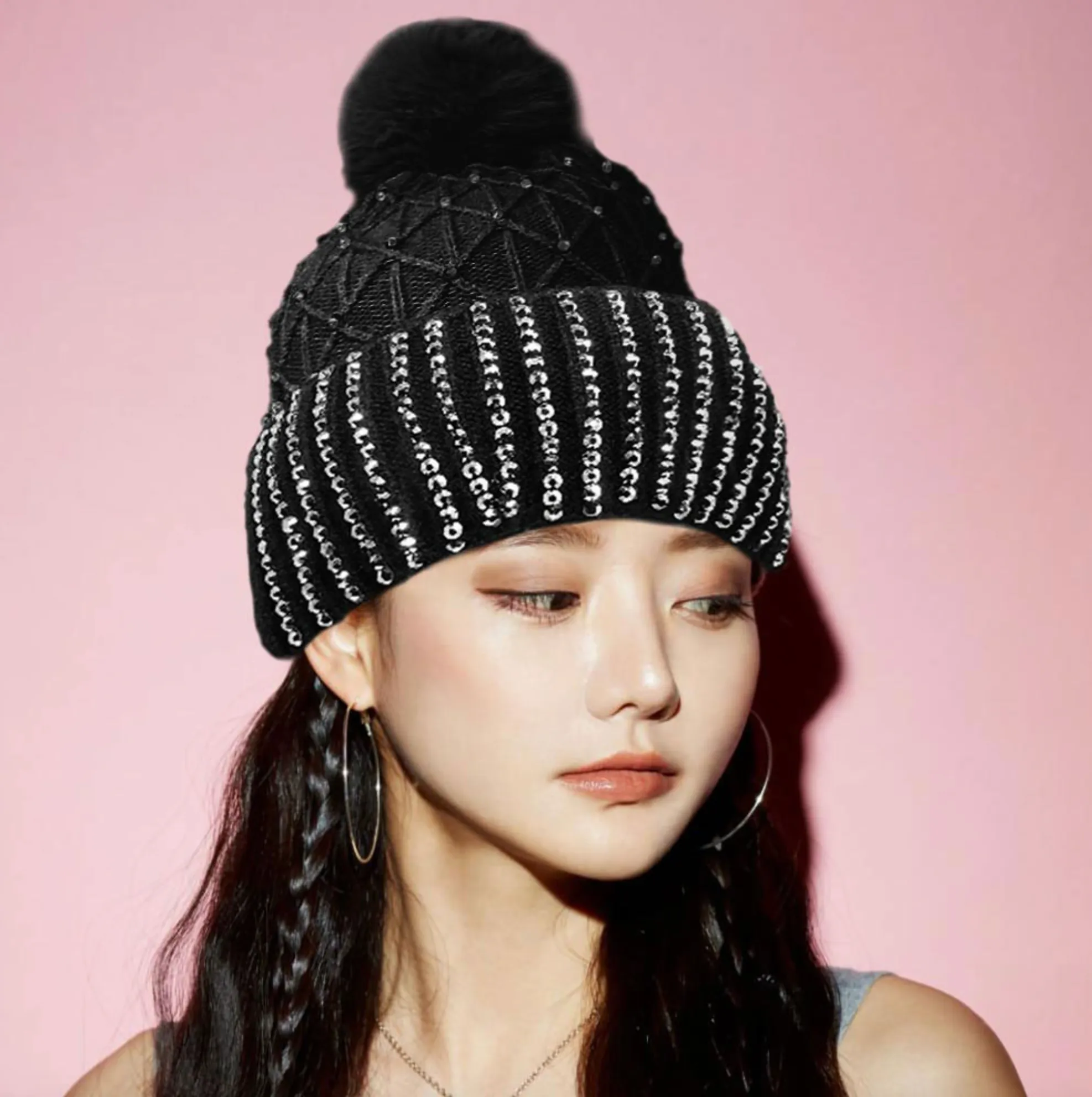 Fleece Lining Rhinestone Embellished Pom Pom Beanie Hat (4 colors)