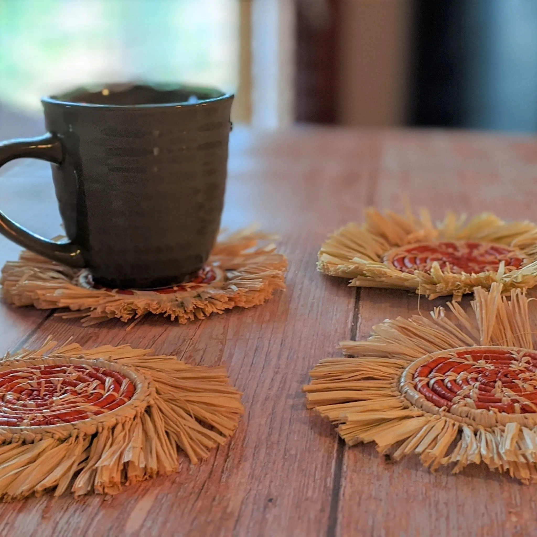 Raffia Straw Coasters with Fringes | Terracotta